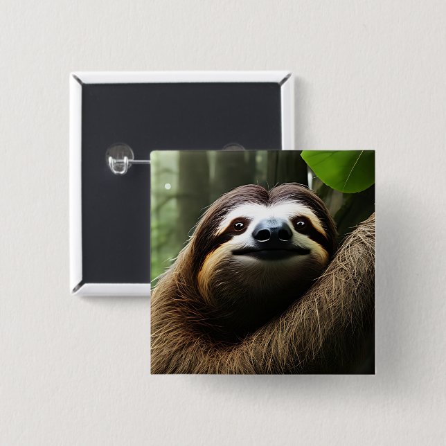 Brown Fuzzy Sloth, Photo Block 2 Inch Square Button (Front & Back)