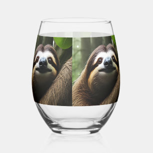 Brown Fuzzy Sloth, Stemless Wine Glass