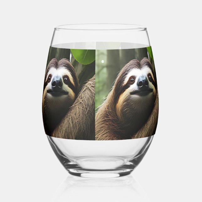 Brown Fuzzy Sloth,  Stemless Wine Glass (Front)