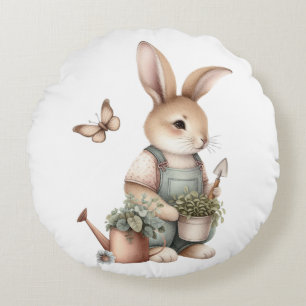 Brown Garden Bunny in Overalls Round Pillow