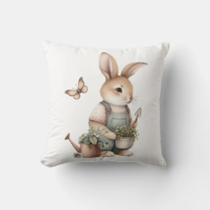 Brown Garden Bunny in Overalls Throw Pillow