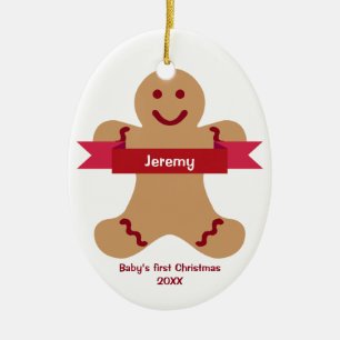 Brown gingerbread kid red banner name baby first ceramic ornament
