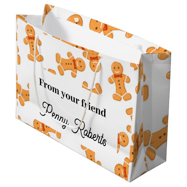 Brown gingerbread man on white large gift bag (Front Angled)