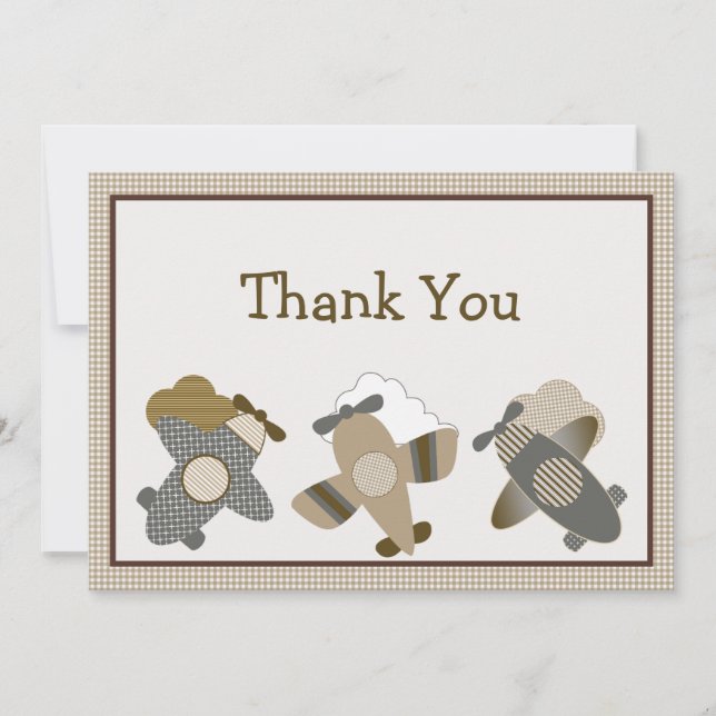 Brown Gingham Airplanes Thank You Card (Front)