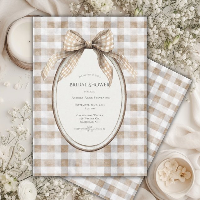 Brown Gingham Bow Frame Vintage Bridal Shower Invitation (Creator Uploaded)