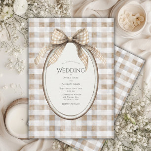 Brown Gingham Bow Frame Vintage Wedding Invitation