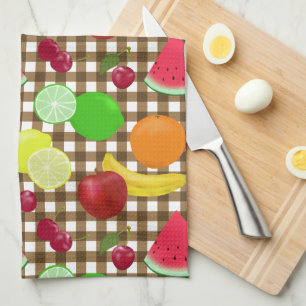 Brown Gingham Check with Fruit Pattern Kitchen Towel