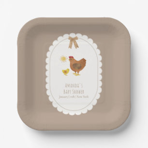Brown Gingham Cottagecore Hen Chick Baby Shower Paper Plate