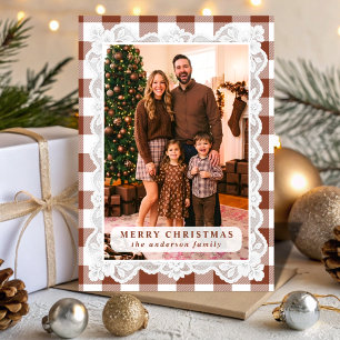 Brown Gingham Lace Christmas Photo Holiday Card