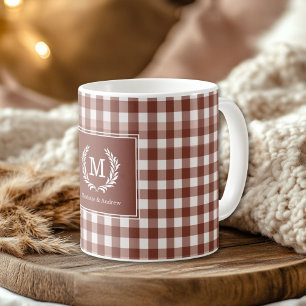 Brown Gingham Monogram Crest Custom Coffee Mug