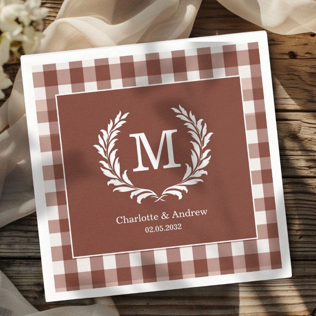 Brown Gingham Monogram Crest Custom Napkin (Brown Gingham Monogram Crest Custom Napkins with your Monogram, names and Date.)