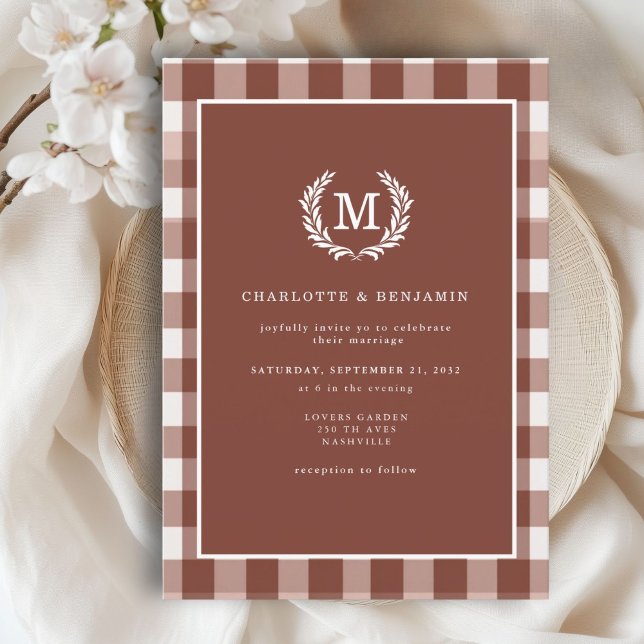Brown Gingham Monogram Crest  Invitation (Brown Gingham Monogram Crest Invitation. Print & Instant Download.)