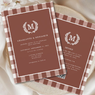 Brown Gingham Monogram Crest QR Code Invitation