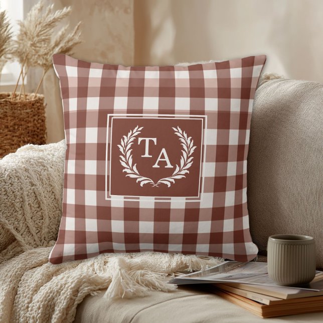 Brown Gingham Monogram Crest Throw Pillow (Brown Gingham Monogram Crest Custom Throw Pillow)