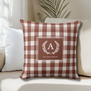 Brown Gingham Monogram Crest Throw Pillow