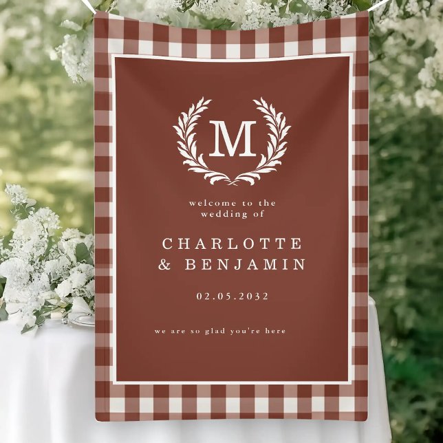 Brown Gingham Monogram Crest Wedding Welcome Banner (Brown Gingham Monogram Crest Wedding Welcome Banner)