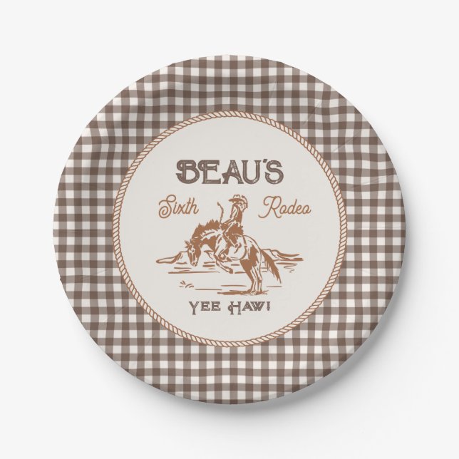 Brown Gingham Rodeo Party Paper Plates (Front)