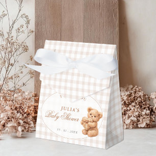 Brown Gingham Teddy Bear Neutral Baby Shower Paper Favor Box
