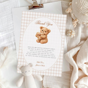 Brown Gingham Teddy Bear Neutral Baby Shower Paper Invitation
