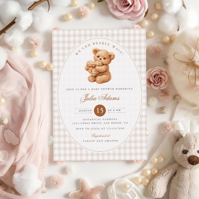 Brown Gingham Teddy Bear Neutral Baby Shower Paper Invitation (Creator Uploaded)