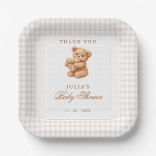 Brown Gingham Teddy Bear Neutral Baby Shower Paper Plate