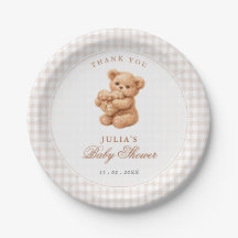 Brown Gingham Teddy Bear Neutral Baby Shower Paper
