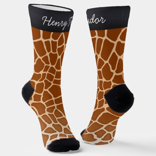 Brown Giraffe Spots Animal Print Personalized Name Socks (Angled)