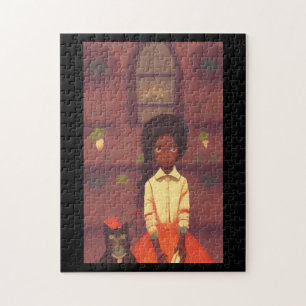 Brown girl and cat robots orange skirt jigsaw puzzle