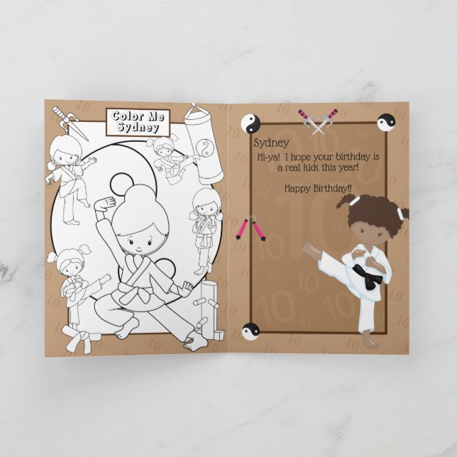 Brown Girls Karate Colouring Page Happy Birthday Card (Inside)
