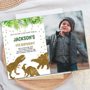 Brown Glitter Dinosaur Birthday Invitations