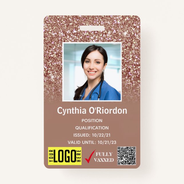 Brown Glitter Medical Photo ID QR Barcode Badge (Front)