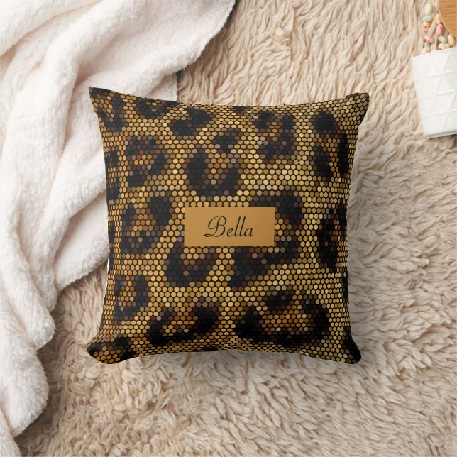 Brown Glittery Leopard Pattern Throw Pillow (Blanket)