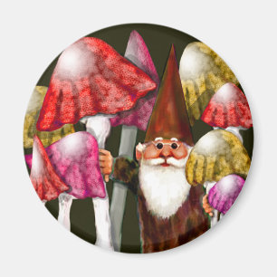 Brown Gnome in Orange Yellow Mushrooms Magnet