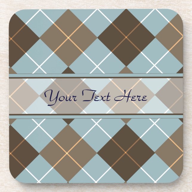 Brown, Gold, and Sky Blue Argyle Monogram Coaster (Front)