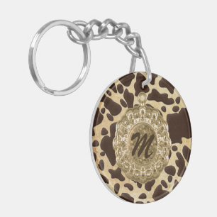 Brown & Gold Animal Print Antique Charm Initial Keychain