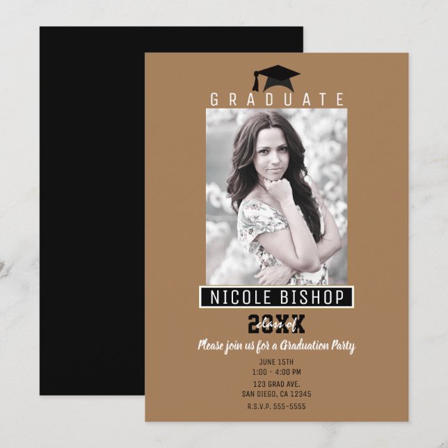 Brown Gold Black Graduation Photo Party Invitation (Front/Back)