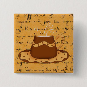Brown Gold Coffee Cup Art on Script Background 2 Inch Square Button
