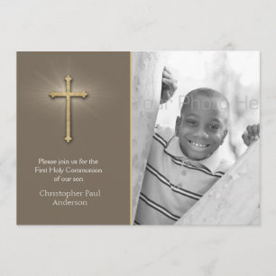 Brown, Gold Cross, Religious Photo Invitation