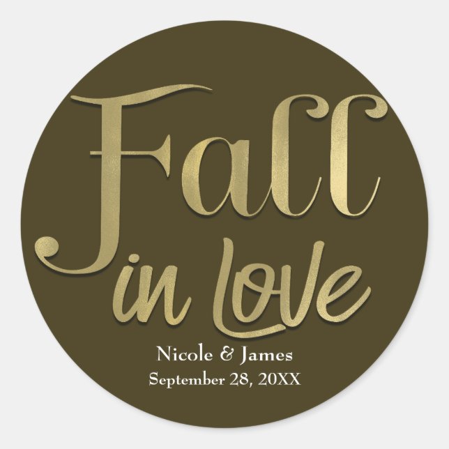 Brown & Gold Fall in Love Leaves Engagement Party Classic Round Sticker (Front)