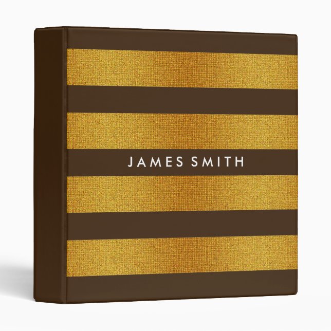 Brown & Gold Glitter Badge Striped Personalized Binder (Front/Spine)