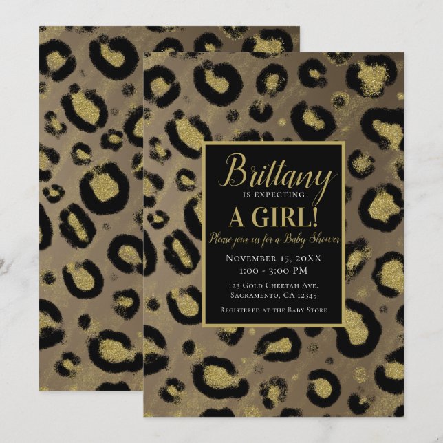 Brown Gold Glitter & Black Leopard Baby Shower Invitation (Front/Back)