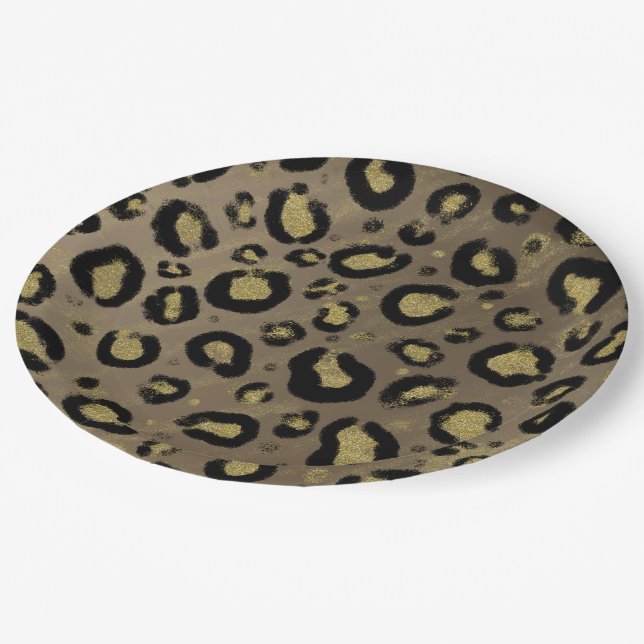 Brown Gold Glitter & Black Leopard Baby Shower Paper Plate (Angled)