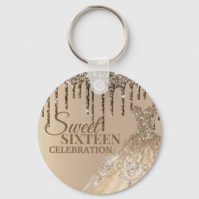 Brown Gold Glitter Girly Spark Drips 16 Birthday Keychain (Front)