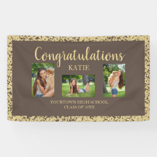 Brown Gold Glitter Graduation Party Photo Banner