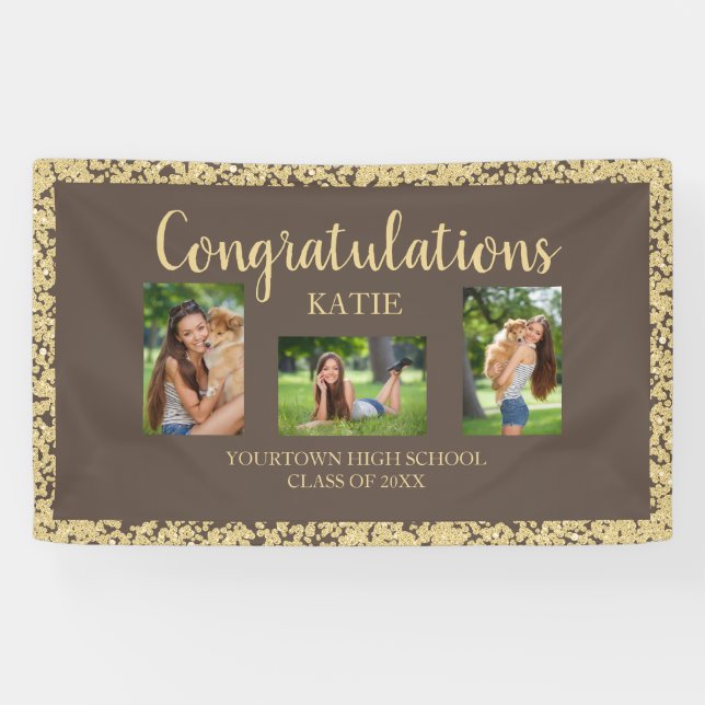 Brown Gold Glitter Graduation Party Photo Banner (Horizontal)