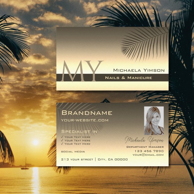 Brown Gold Gradient Palm Leaf Monogram and Photo Business Card (Creator Uploaded)