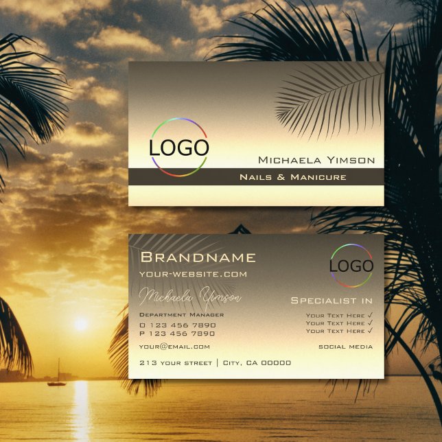 Brown Gold Gradient Palm Leaf with Logo Stylish Business Card (Creator Uploaded)