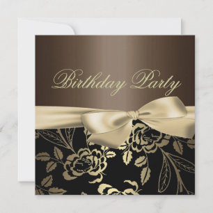 Brown & Gold Rose Leaf Bow Birthday Invitation