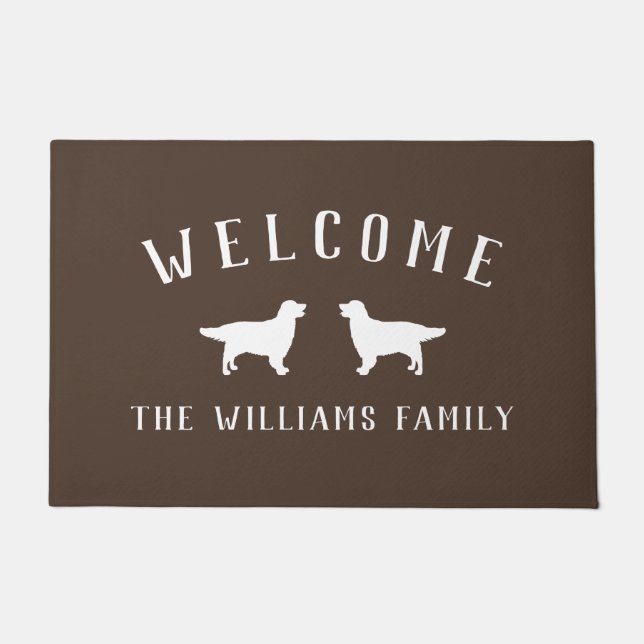 Brown Golden Retrievers Welcome Family Name Doormat (Front)