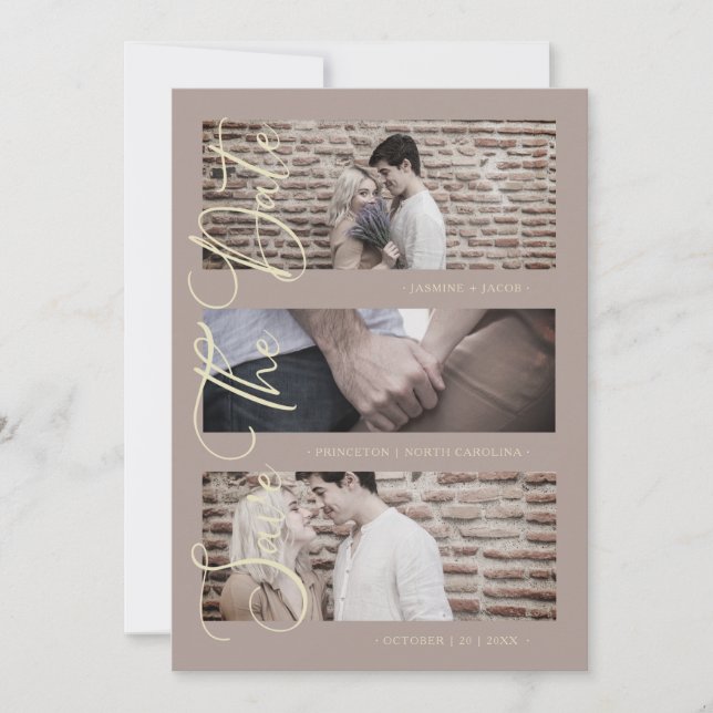 Brown Golden Trendy Modern 3 Wedding Photos (Front)